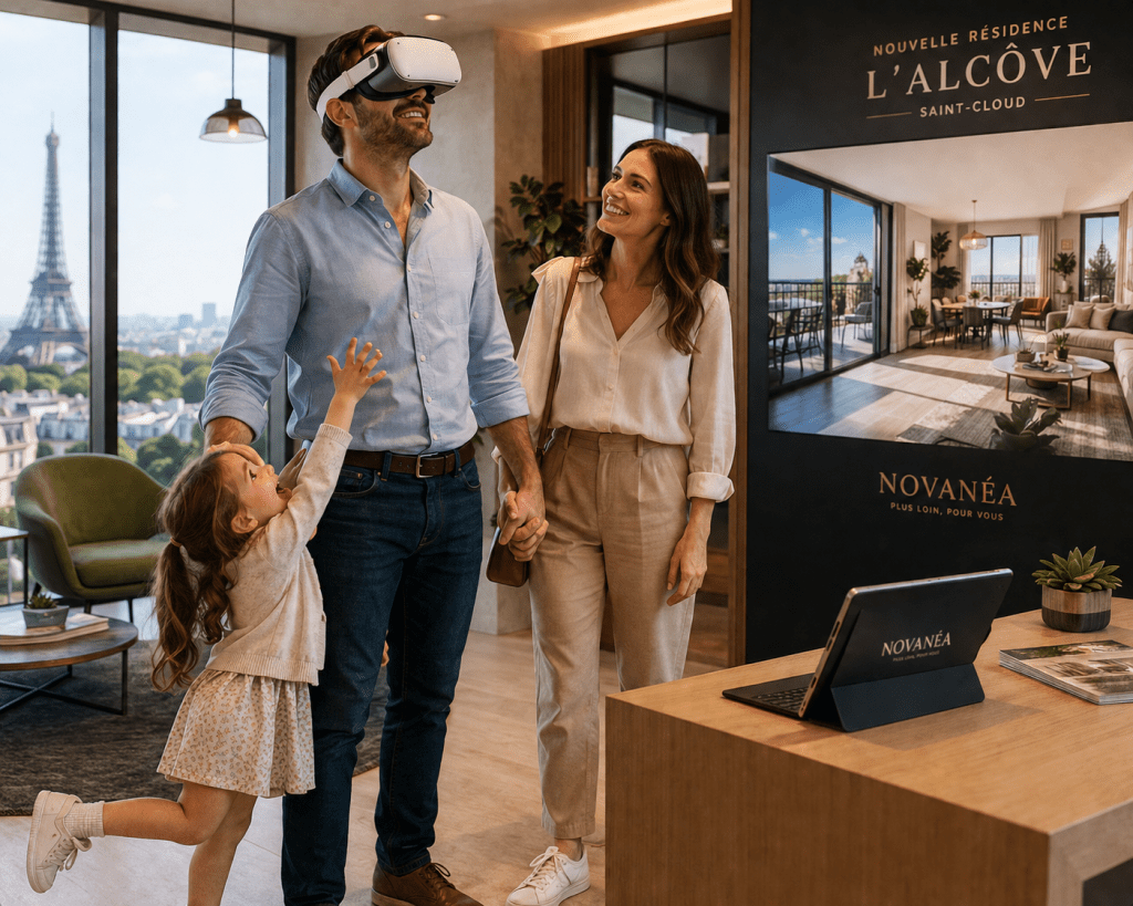 Famille découvrant une visite immersive VEFA en agence avec Igloo Vista